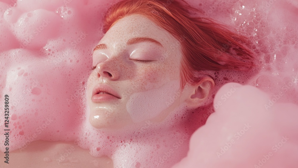 Fototapeta premium Serene Relaxation: A Woman's Tranquil Bath in Pink Foam