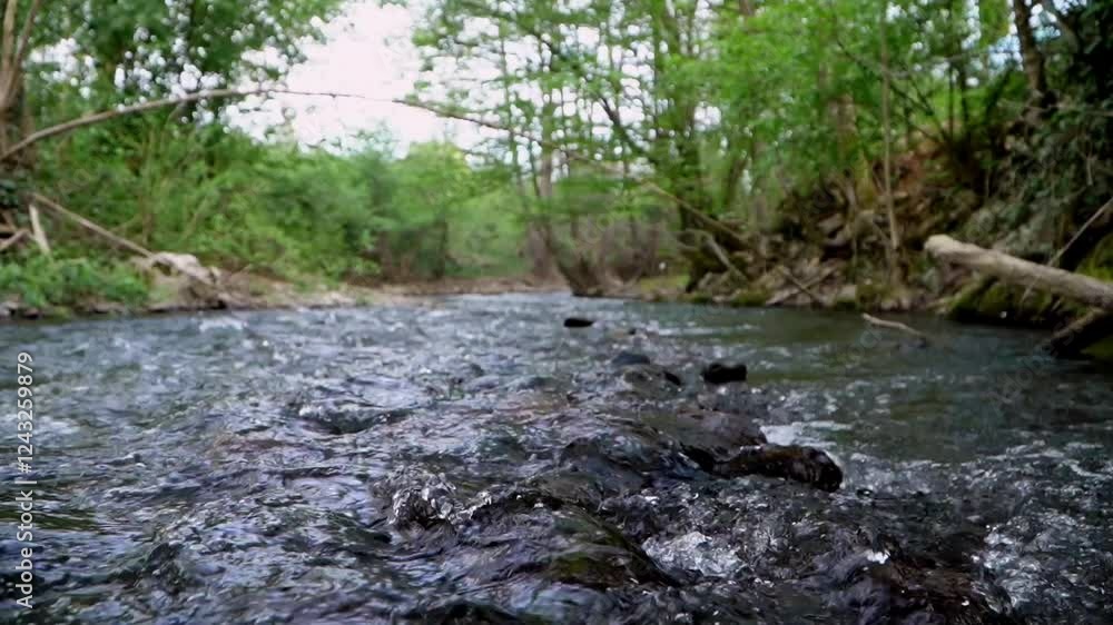 Tranquil stream flowing through lush forest in spring season Tranquil stream flowing through lush forest in spring season