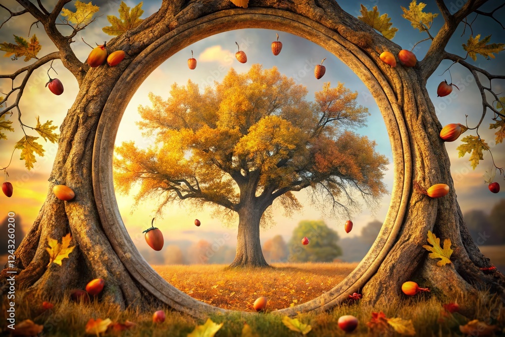 Fototapeta premium Ancient Oak Tree Double Exposure: Falling Acorns in Oval Frame - Autumn Stock Photo