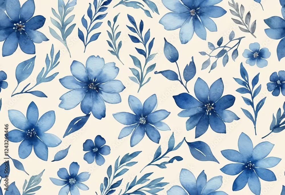 A seamless watercolor pattern of blue flowers on a cream background A seamless watercolor pattern of blue flowers on a cream background