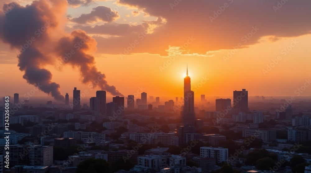 Fototapeta premium Ukrainian City Skyline Illuminated by Sunset With Distant Explosions in View