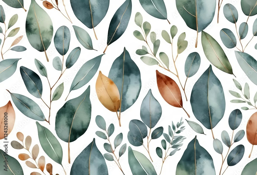A watercolor illustration of eucalyptus leaves in shades of green and orange, with a white background. A watercolor illustration of eucalyptus leaves in shades of green and orange, with a white background.