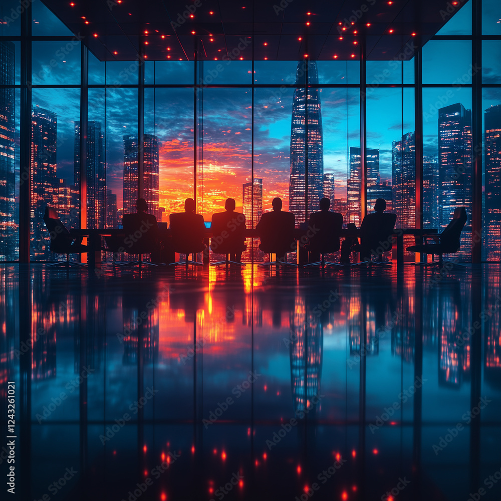 A corporate boardroom discussing cybersecurity investments. Bright lighting, contrast