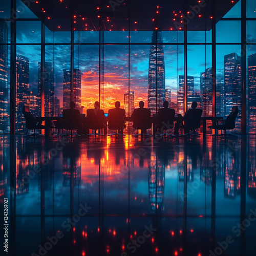 A corporate boardroom discussing cybersecurity investments. Bright lighting, contrast