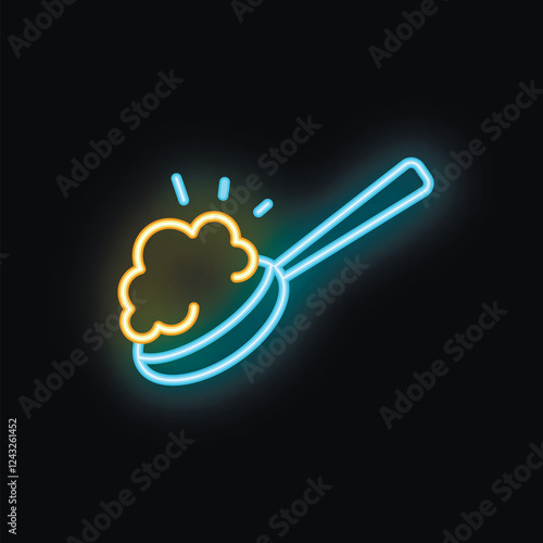 Blue and yellow neon sign of a pan frying delicious food, with steam coming out of it on a black background