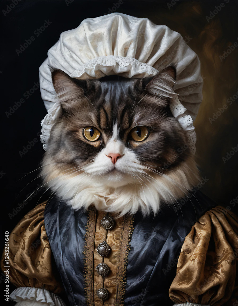 Persian Cat in Victorian-era Seamstress’s Dress Oil Painting | Pet In Clothing Portrait Persian Cat in Victorian-era Seamstress’s Dress Oil Painting | Pet In Clothing Portrait