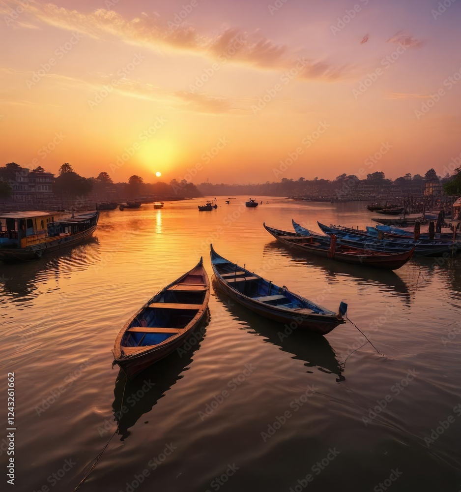 Sunset over the boats on the Ganges River in Kolkata, tranquil, river Sunset over the boats on the Ganges River in Kolkata, tranquil, river
