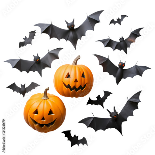 Halloween jack olantern pumpkins bats spooky night festive october autumn on transparent background photo