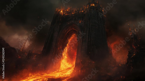 Infernal Gateway: A fiery portal erupts from a burning gothic archway, casting an apocalyptic glow over a ravaged landscape. photo