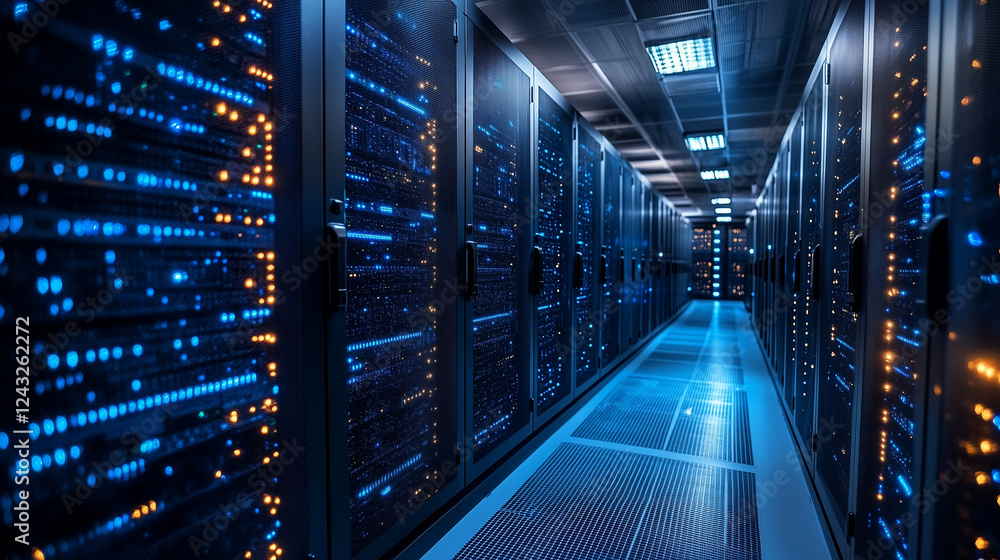 Fototapeta premium A server room with advanced biometric security access points. Bright lighting, contrast