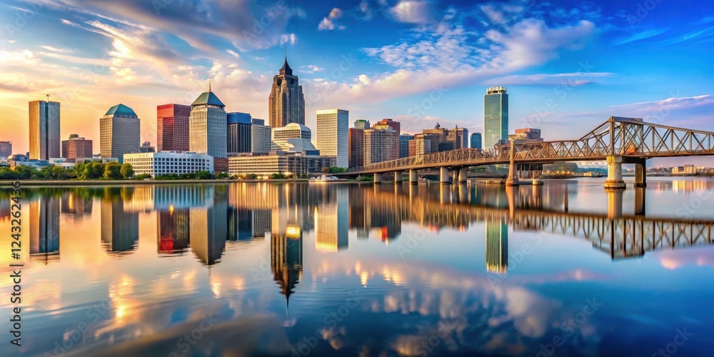 Naklejka premium Panoramic view of Louisville's downtown skyline reflected in calm Ohio River waters