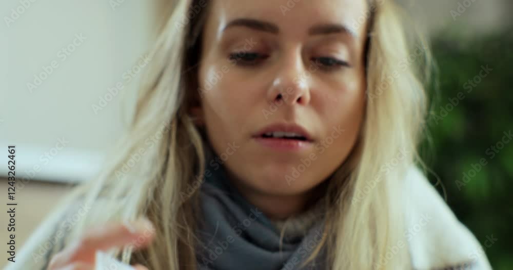 Close up of the young sick woman in the warm scarf and a plaid blowing her nose in the napkin as she having a cold. Close up of the young sick woman in the warm scarf and a plaid blowing her nose in the napkin as she having a cold.