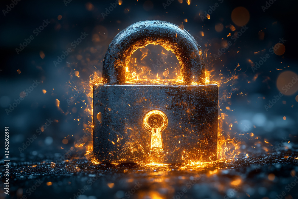 A padlock breaking apart, representing a data breach. Bright lighting, contrast