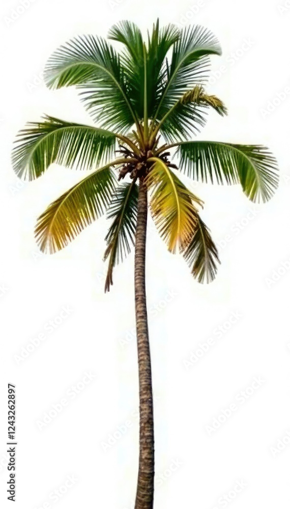 Obraz premium Tall coconut palm tree isolated on white background, solitary, serene, white background