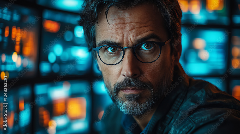 A cybercriminal with stolen personal data displayed on multiple screens. Bright lighting, contrast A cybercriminal with stolen personal data displayed on multiple screens. Bright lighting, contrast