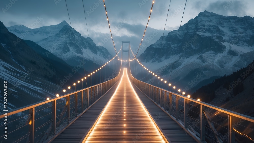 Fototapeta premium Majestic mountain landscape with illuminated bridge at dusk