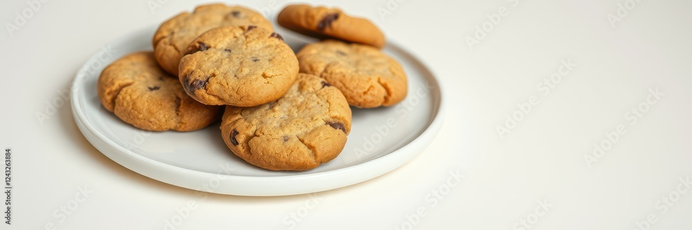 Freshly baked chocolate chip cookies on a white plate with a soft texture and golden color, inviting everyone to indulge in a sweet treat Freshly baked chocolate chip cookies on a white plate with a soft texture and golden color, inviting everyone to indulge in a sweet treat