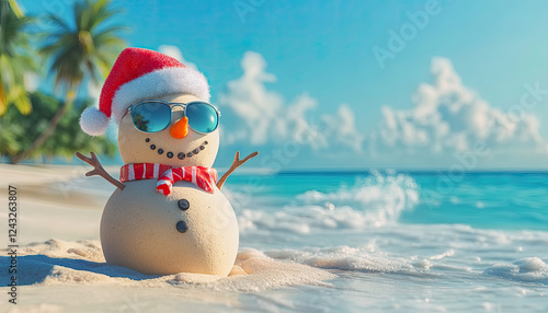 Tropical Christmas vacation concept: A sand snowman with a Santa hat and sunglasses relaxes on a sunny beach, blending holiday cheer with a seaside escape. Image made using Generative AI.