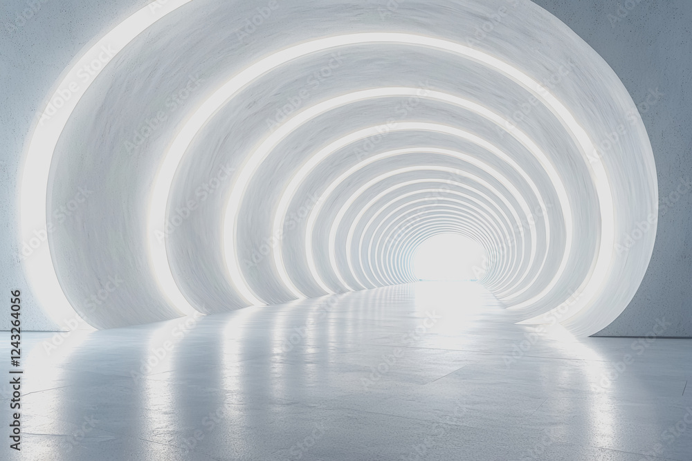White tunnel with bright light illuminating the interior creating a visually striking perspective and depth in a minimalist architectural space White tunnel with bright light illuminating the interior creating a visually striking perspective and depth in a minimalist architectural space