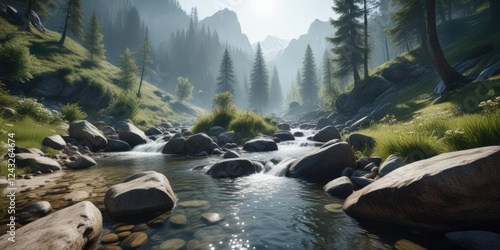 The sound of gently flowing water fills the air amidst the alpine stream, talkeetna mountains, peaceful atmosphere, natural sounds photo