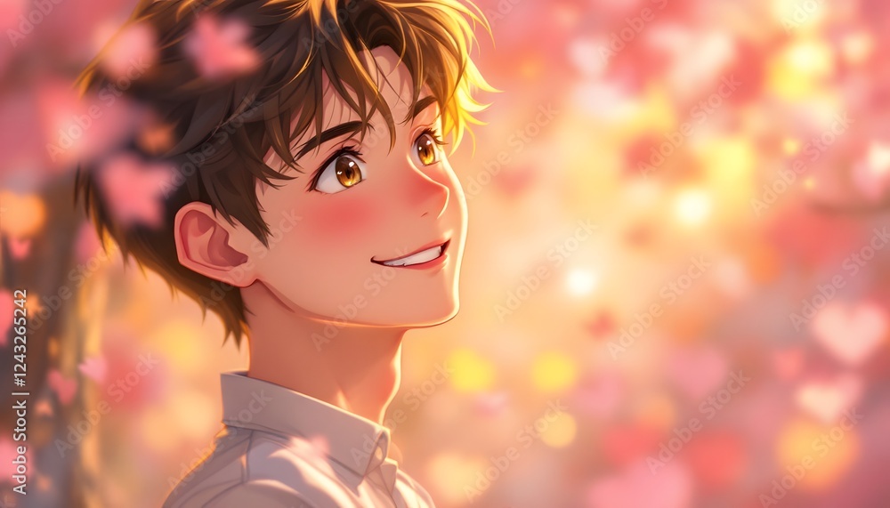 Fototapeta premium Smiling Anime Boy in Pink Blossom Sunset