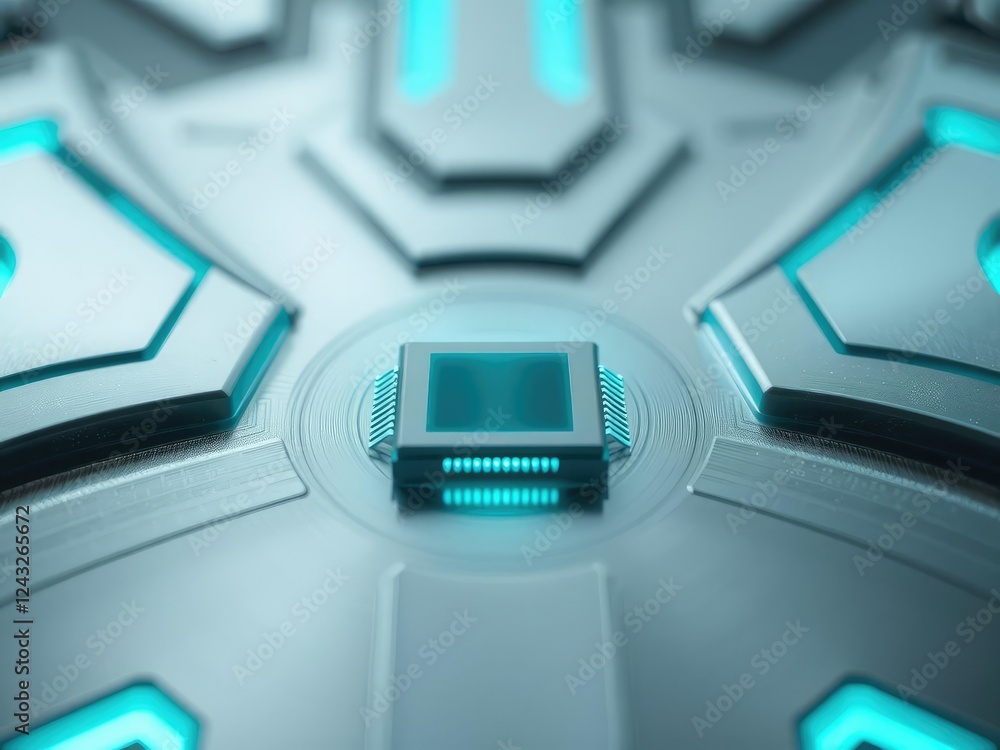 Tiny microchip emitting a soft turquoise glow in the center of a futuristic metallic surface, cutting-edge technology, modern electronics Tiny microchip emitting a soft turquoise glow in the center of a futuristic metallic surface, cutting-edge technology, modern electronics