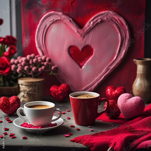 Coffee on the table on the theme of St. Valentine's Day, for a cafe, love, coziness