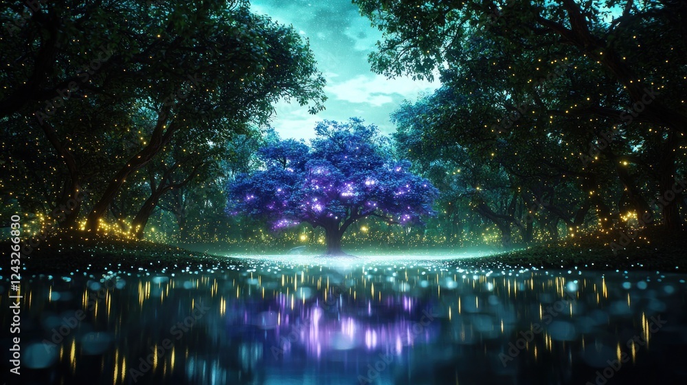 Naklejka premium Glowing Purple Tree in a Magical Forest at Night