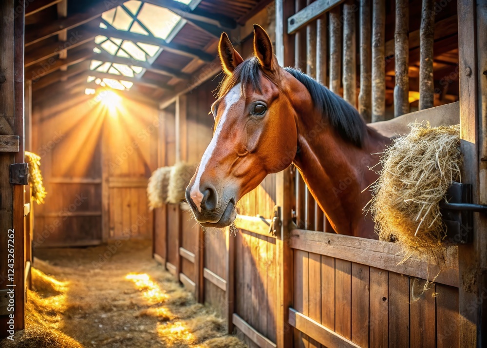 Fototapeta premium Bay Dutch Warmblood Horse Head in Rustic Barn - Panoramic Stock Photo