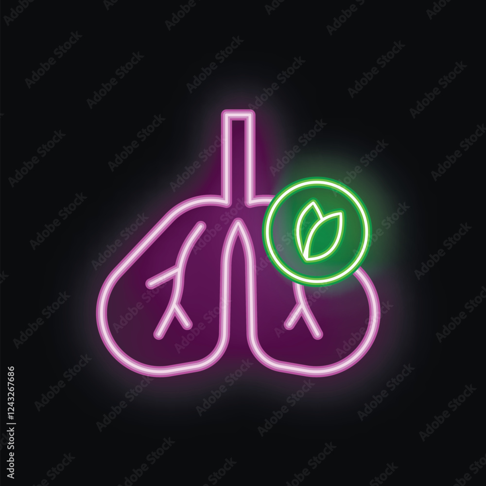 Neon sign showing a pair of healthy lungs with green leaves, representing respiratory health and wellness Neon sign showing a pair of healthy lungs with green leaves, representing respiratory health and wellness