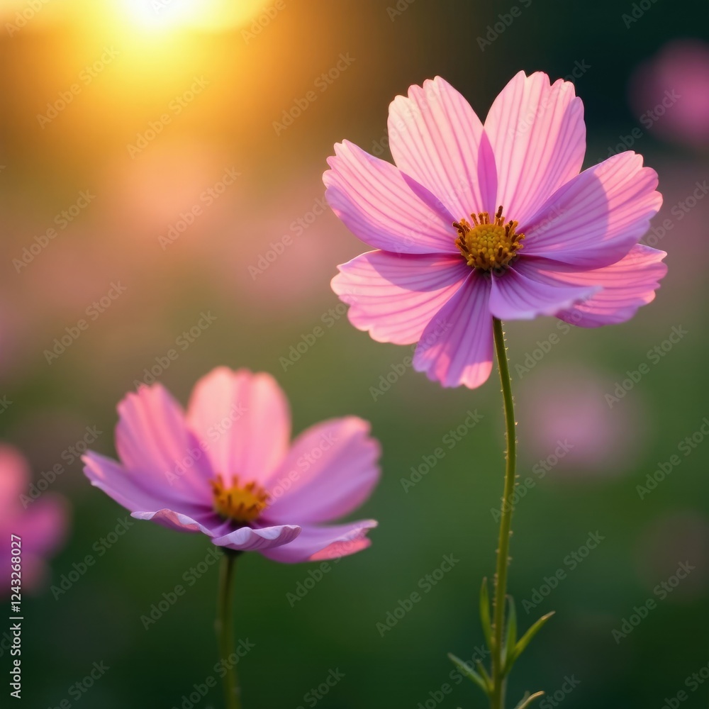 Delicate cosmos flowers bloom in morning sunlight, petals unfolding slowly, flowers, petals, morning