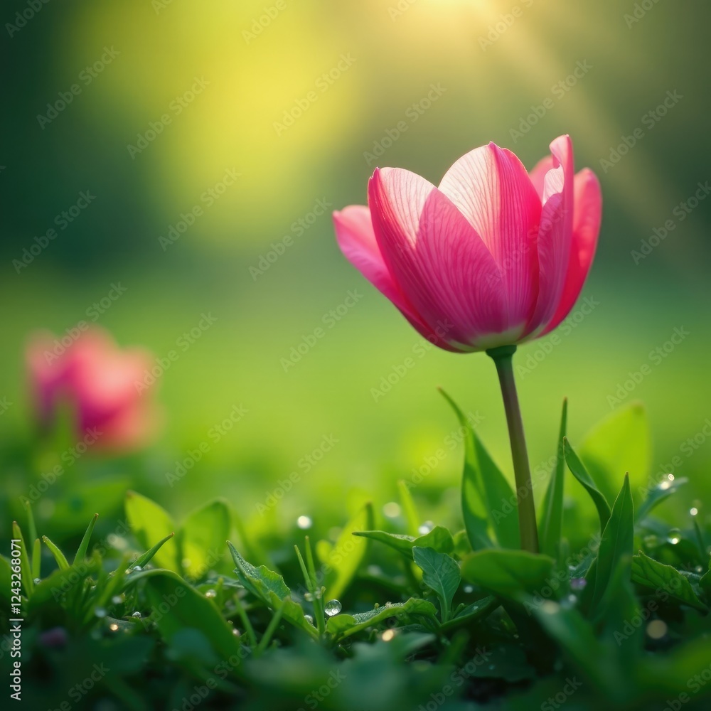 Delicate petals unfolding in the morning dew amidst dew-kissed grass and leaves, serene, soft, peaceful