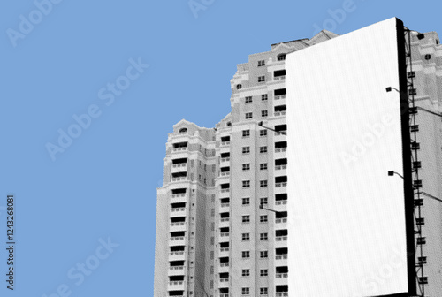 modern residential apartment building with blank billboard pixelate grayscale color halftone dotted texture style collage element isolated on blue background