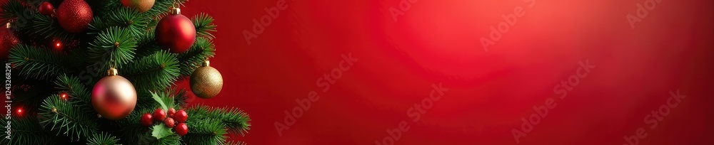 Evergreen Christmas tree with ornaments on red background and soft light, holly berries, holiday cheer Evergreen Christmas tree with ornaments on red background and soft light, holly berries, holiday cheer