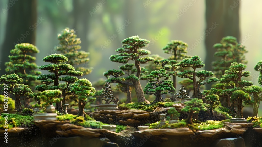 Obraz premium An intricate miniature bonsai forest, capturing the serene beauty and artistry of nature on a small scale