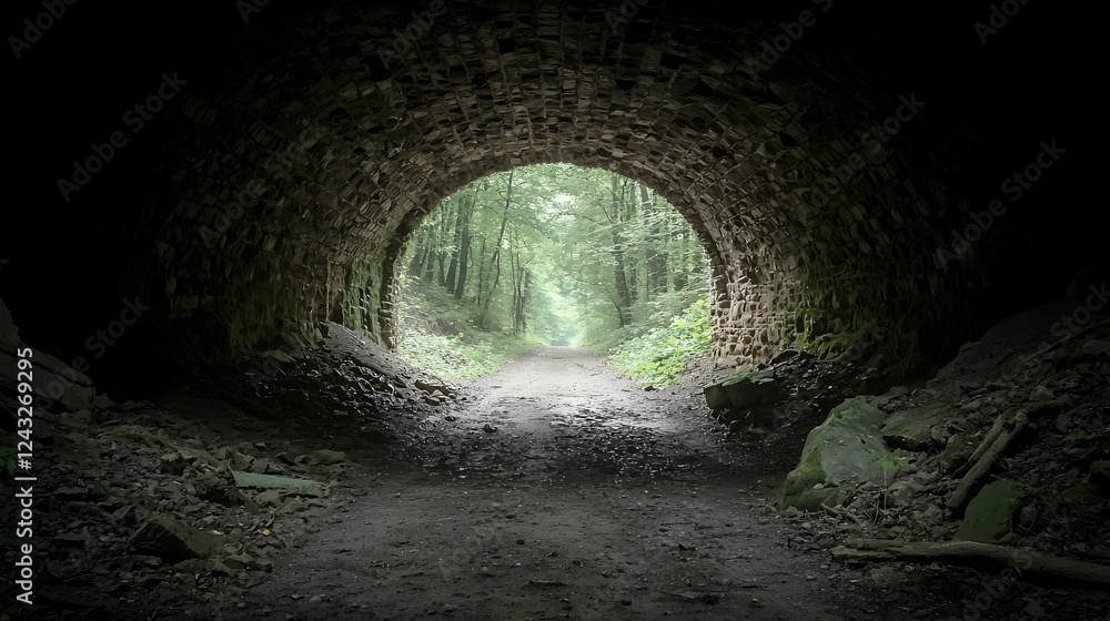 Obraz premium Forest trail emerging from dark tunnel