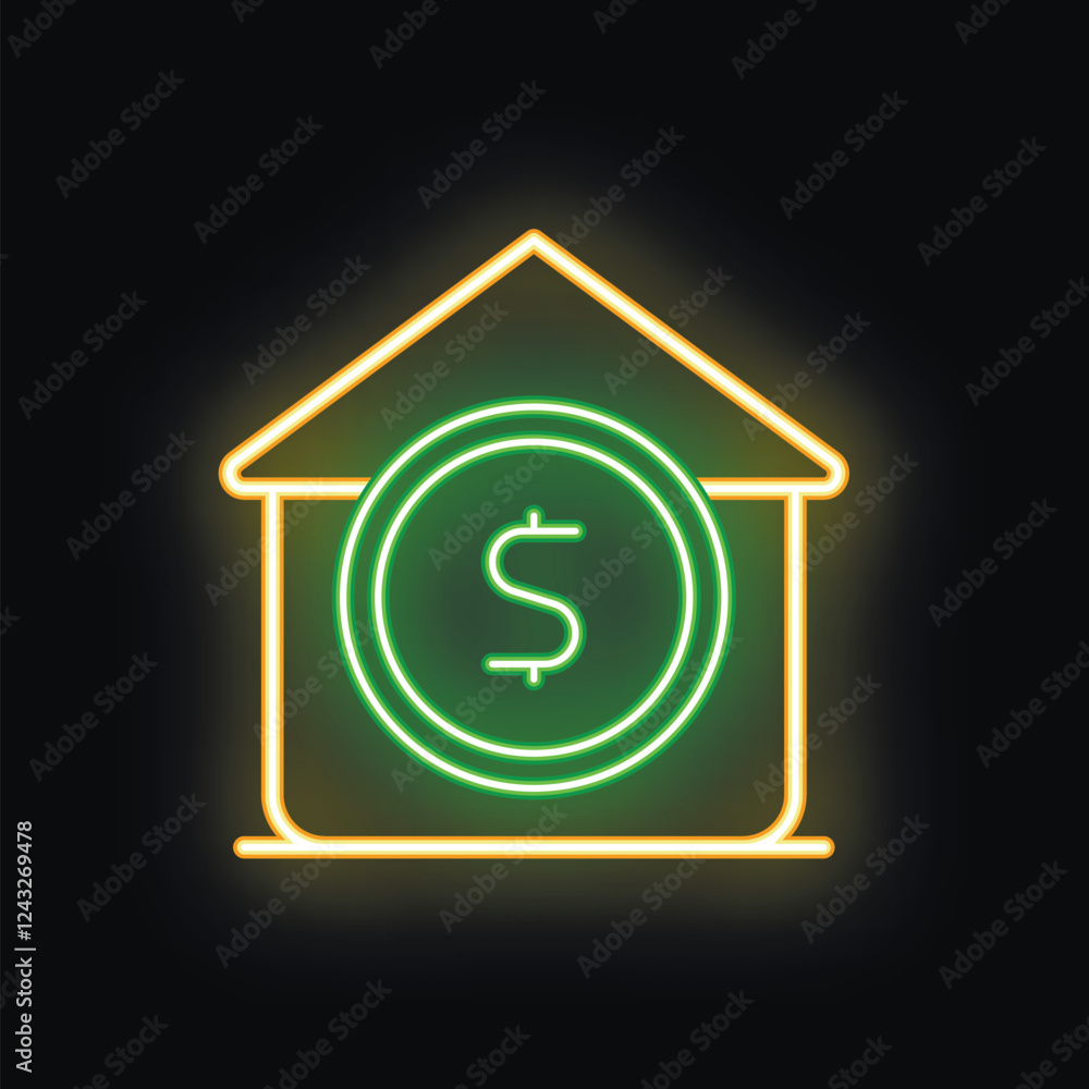 Neon glowing icon of dollar coin inside house outline representing real estate, property value, mortgage or rent concept Neon glowing icon of dollar coin inside house outline representing real estate, property value, mortgage or rent concept
