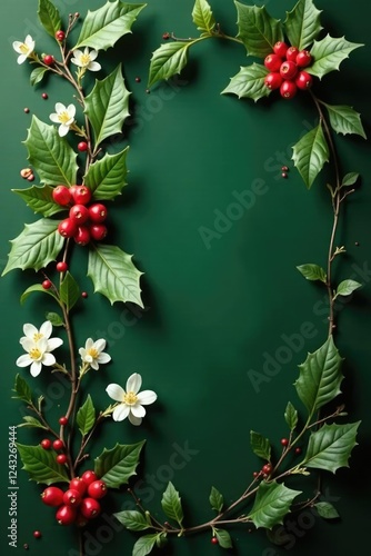 Natural arrangement of holly with white flowers, colorful, green photo