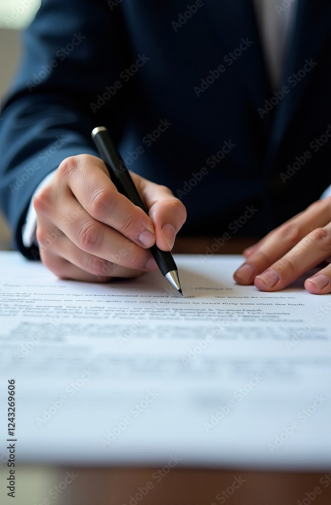 Close-up of hands signing a document, sleeves of a business suit are visible, business papers on the table.