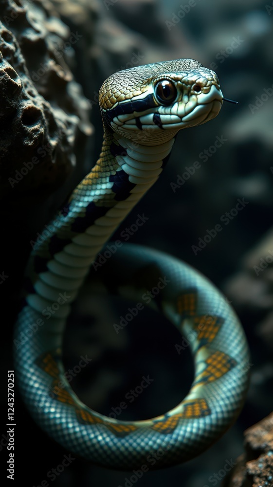 Colorful snake coiled on rocky surface in a natural habitat during the day Colorful snake coiled on rocky surface in a natural habitat during the day