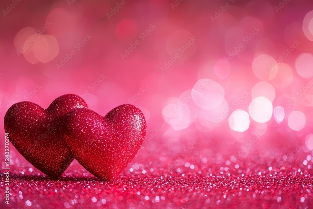 Two red glitter hearts on pink sparkle background Two red glitter hearts on pink sparkle background
