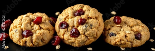 Homemade cookies with cranberries and oats arranged beautifully on a black background photo