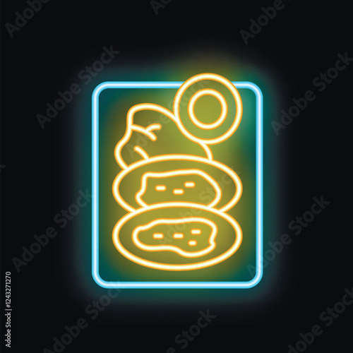 Bright yellow neon sign showing potatoes and chicken leg on a plate, on a black background