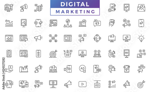 Digital marketing icon set. Search Engine Optimization outline icons collection. Website, search, mail, analysis, content, strategy, development line icon vector collection