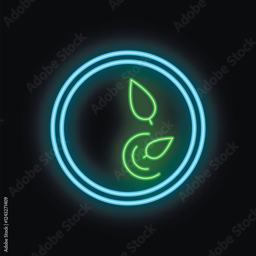 Green neon sign with two leaves inside a blue circle, glowing against a black background