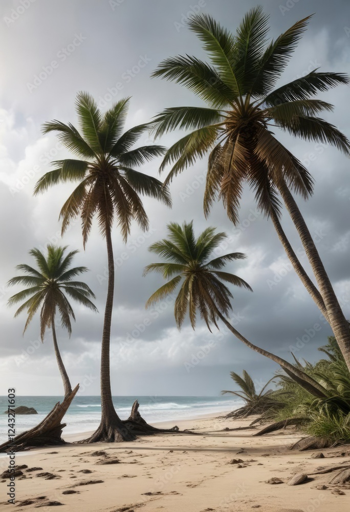 Obraz premium Storm-battered palm trees leaning against each other, storm-battered palms, swaying fronds