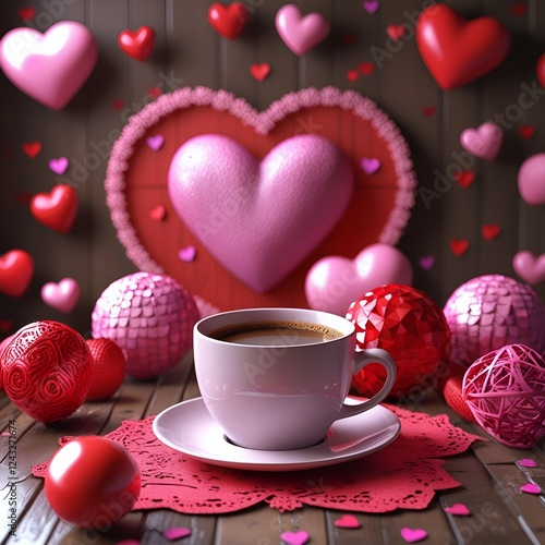 Coffee on the table on the theme of St. Valentine's Day, for a cafe, love, coziness