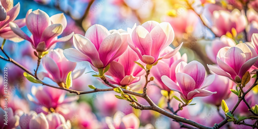 Obraz premium Blooming Japanese Magnolia Tree, Magnolia soulangeana, Spring Flowers, Nature Photography