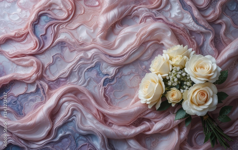 A close-up of a silk fabric with an abstract wave pattern and a bouquet of white roses in the corner A close-up of a silk fabric with an abstract wave pattern and a bouquet of white roses in the corner