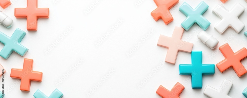 Obraz premium Colorful plus signs arranged around a blank center on a white background, creating a playful and minimalistic visual.